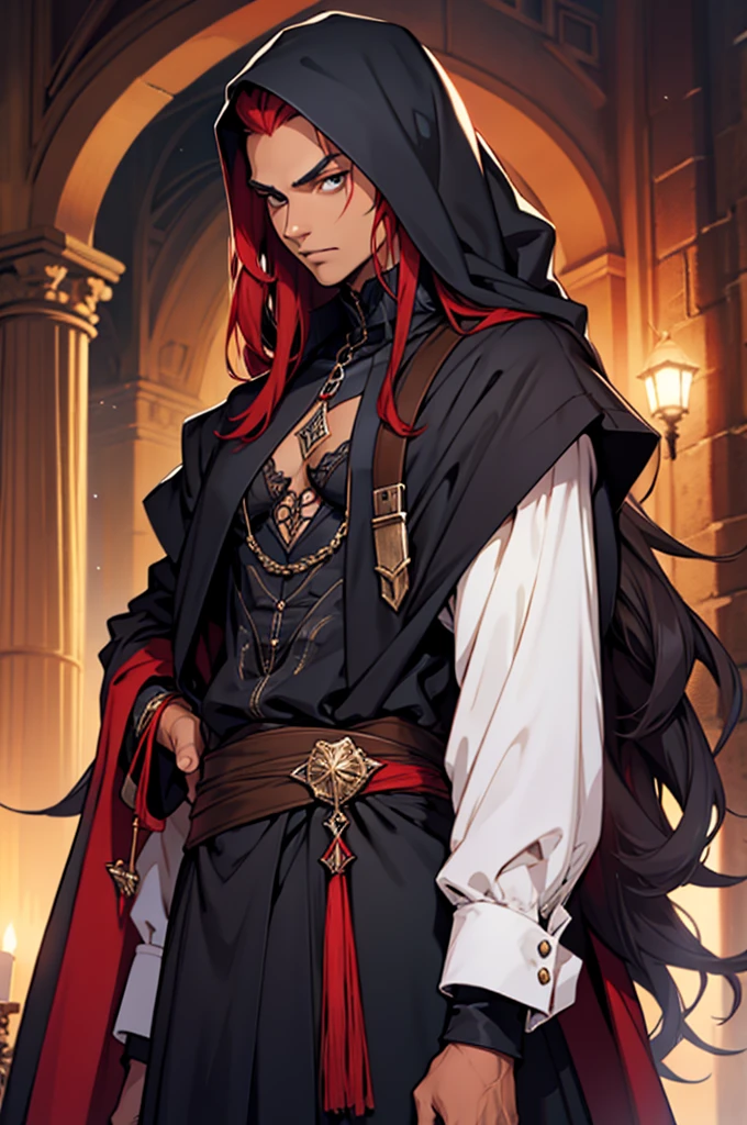 Wizard, skin tanned, latino, vestimentas, Gothic, red long hair, fashion, lo fashion, fully body, skinny