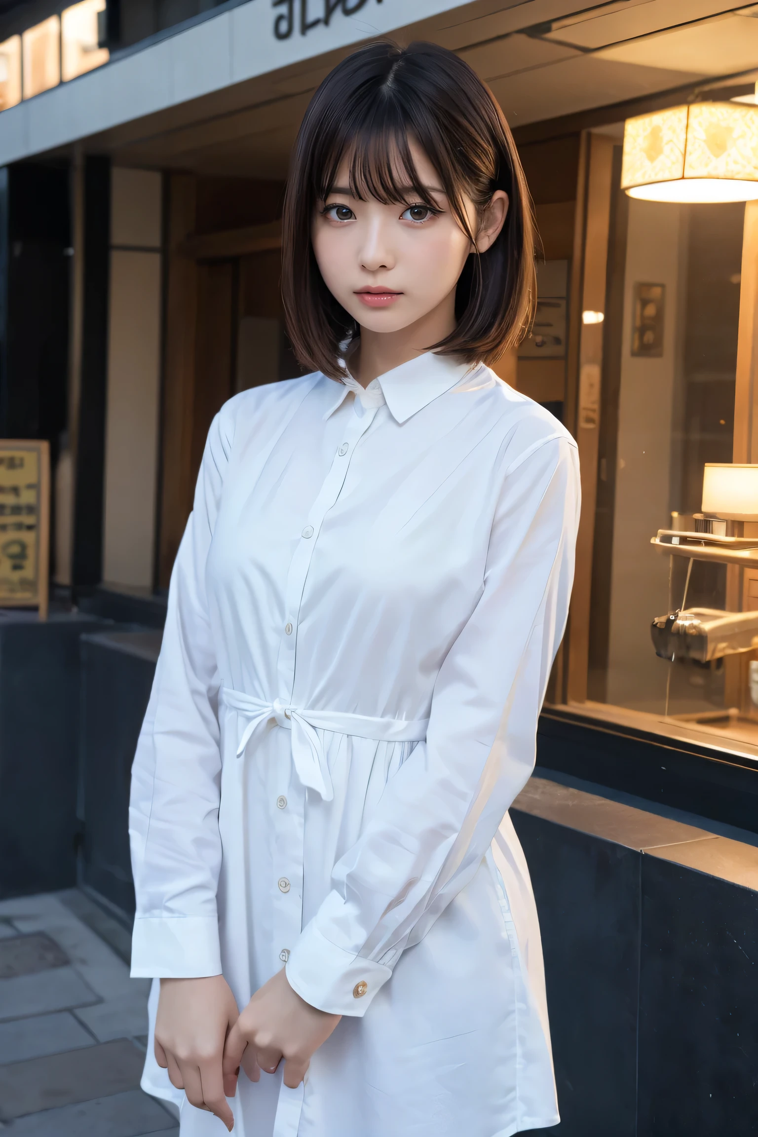 Fluffy perm hair、with rufflessleeveless、Braid only the front hair、Light brown hair、Teeth grinding、{{Cowgirl Shot}}、((Close-up shot from the waist up、Big Breasts:1.4))、Breast swelling、Big Breasts、Smile、Silk clothing、Big Breasts that can be seen even through clothes、Braid only the front hair、Cowboy Shot、Gorgeous white collared silk shirt and brown skirt、Wear it elegantly、Luxury Bags、Sex in a stylish love hotel with shining illuminations、A lovely smile、((Nagoya street corner))、Full body photo、ring、High-end clothing products、Short skirt、Tuck your hair behind one ear、Silver Necklace、smile、 Elegant ponytail、Caustics、Highly detailed photos、Very beautiful and ideal short hair、Big Breasts、Super no makeup、(8k、RAW Photos、highest quality、masterpiece:1.2)、(Realistic、Realistic)、1 girl、((Medium Short Hair、Looking into the camera:1.4))、Hair blowing in the wind