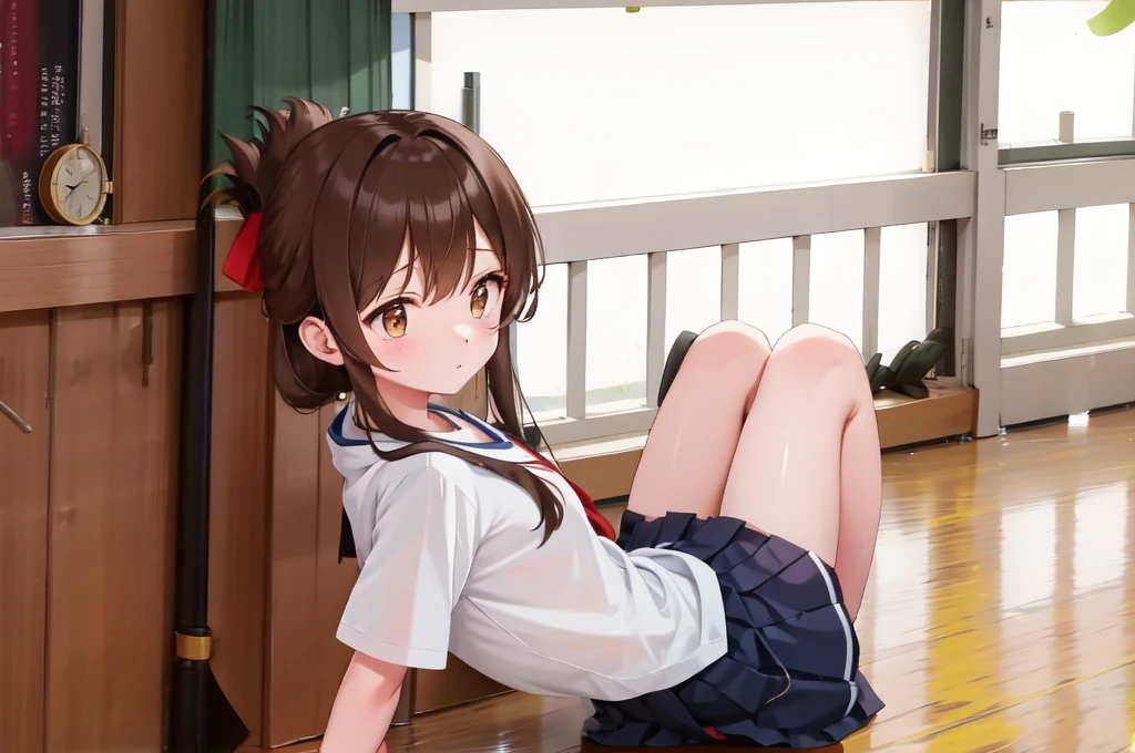 A female student in a sailor uniform sitting on the floor of the gymnasium and watching a physical education class because she feels unwell,(masterpiece, best quality:1.2),illustration,8k,HD,1girl,独奏,upper body,(portrait:1.2),brown_hair,folded_ponytail,brown_eyes,serafuku,long_hair,school_uniform,skirt,pleated_skirt,