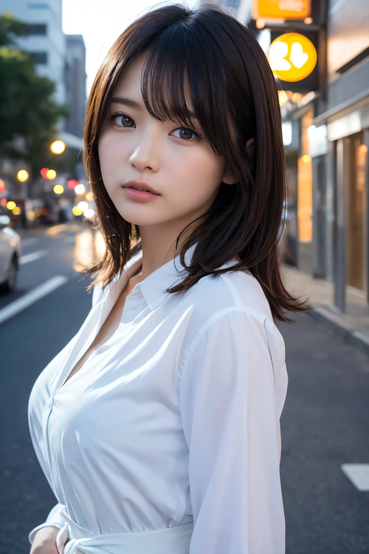 masterpiece、1 beautiful girl、Detailed eyes、Puffy eyes、Highest quality, 超High resolution, (Reality: 1.4), Cinema Lighting、Japanese、Asian Beauty、Korean、Super Beauty、Beautiful Skin、Slender、Body facing forward、(Surreal)、(High resolution)、(8k)、(Very detailed)、(Beautiful and detailed eyes)、(Ultra-detailed)、 (wallpaper)、Detailed face、Bright lighting、Professional Lighting、View your viewers、Look straight ahead、Dress code: A clean shirt and dress....、46 point diagonal bangs、Night Scenery、Brown Hair、Nogizaka Idol、Korean Idol、Gravure idol pose、、Age 25、expensive,