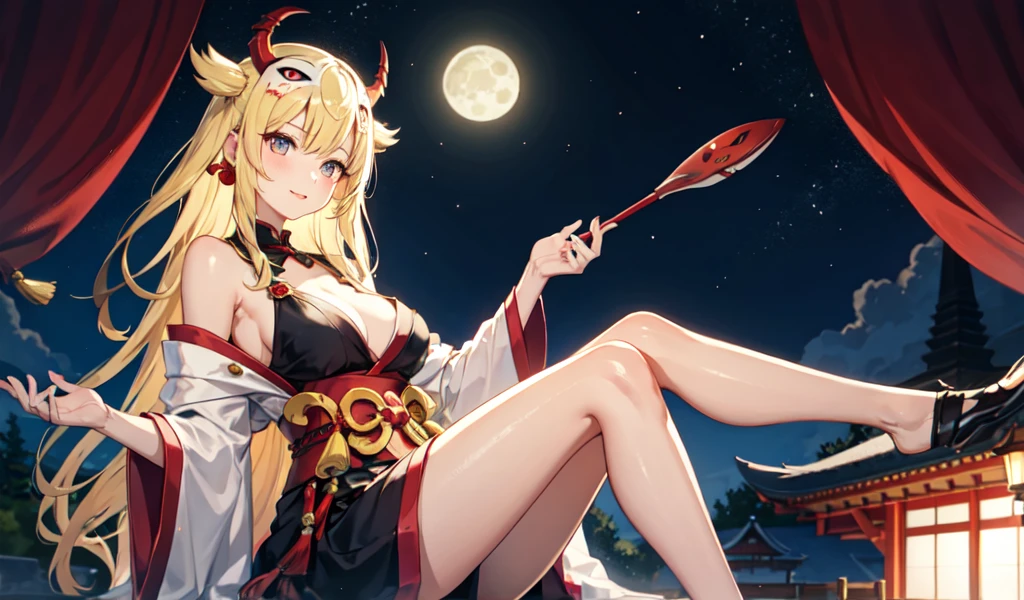 Tengu mask girl, blonde, big odd eyes, shrine, legs slightly spread, moonlit night,Model pose