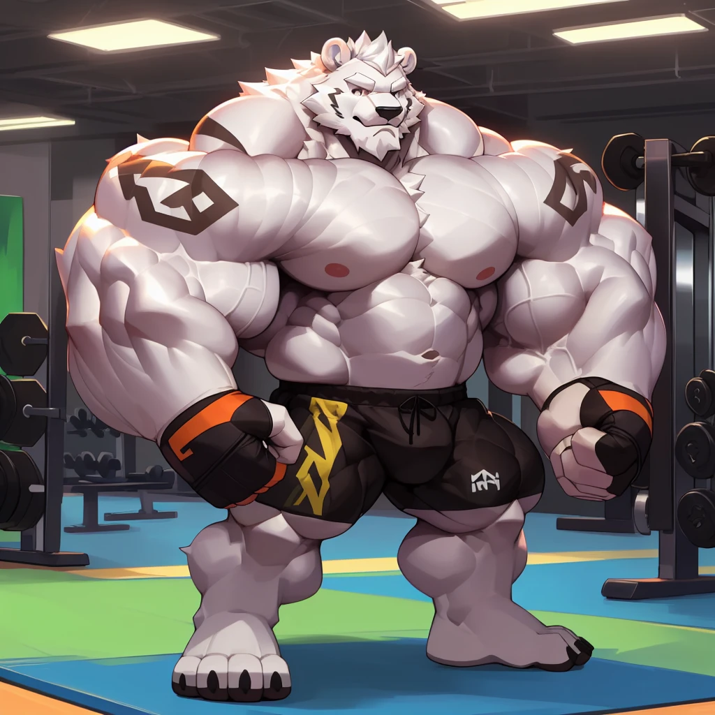 solo, 1boy, Huge Muscular White Polar Bear, huge white fur, pectoral, huge pectoral, wide pectoral, short white hair, ((really big muscle, massive muscular, sixpack, huge fluffy white fur, thick arms, wide pectoral, super huge muscle, hyper muscular, over sized muscle, huge arms, big arms, huge pectoral)), black kickboxing MMA shorts, black toeless wootwear, fingerless kickboxing fighting gloves and shirtless and topless, white bearded, white Mustache, white fur, grey eyebrows, gym fitness center background, masterpiece, high detailed, 8k, high resolution, at the gym, flexes huge thorax, looking at the viewer, acting all hunk