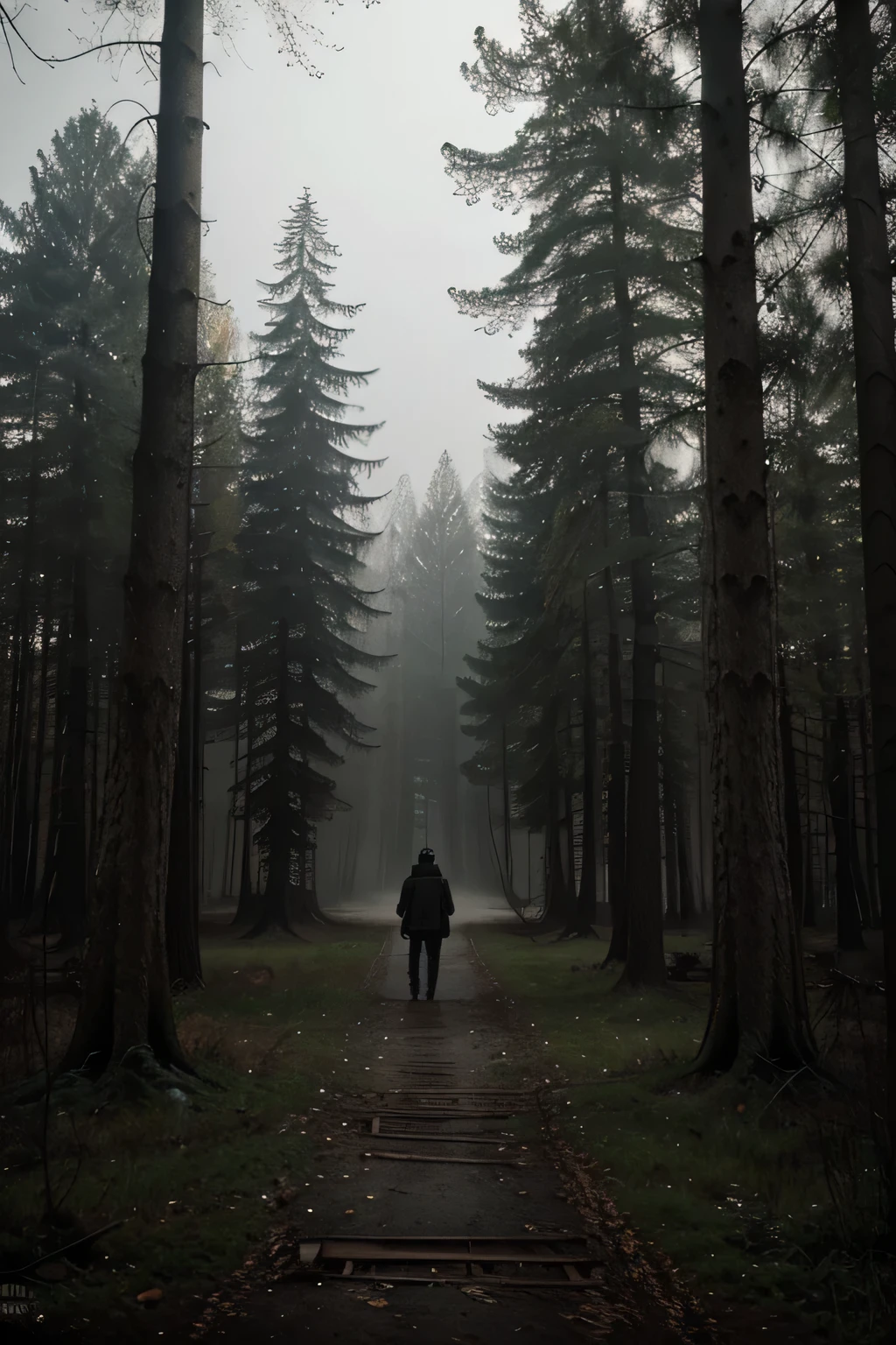there is a solo man walking in the woods with a backpack, old house, stefan koidl inspired, bussiere rutkowski andreas rocha, by maxim verehin, inspired by maxim verehin, inspired by Tomasz Jedruszek, dark cinematic concept art, eerie nostalgic concept art, inspired by Igor Kieryluk, inspired by Ismail Inceoglu