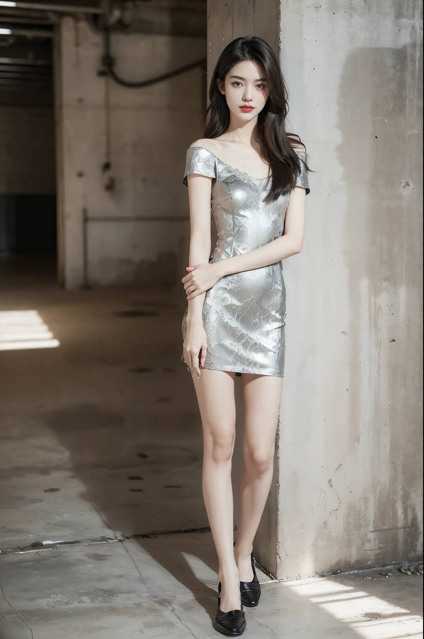 (((best quality))),(((ultra detailed))),(((masterpiece))),illustration,((1 beautiful girl,solo)),((slim,thin)),((small breasts,flat chest)),(shoulder length straight hair:1.2),summer afternoon,((unfinished concrete room,alluring,gray walls)),(short sleeves:1.2),(black lace dress:1.3),(slender legs:1.2),(loafers:1.2),seductive,elegant,full bosom,fair skin,golden strands,delicate features,deep brown eyes,mischief,mystery,enchanting smile,vibrant red lips,serene beauty,self-assuredness,industrial ambiance,raw cement walls,exposed pipes,sexuality,allure,refined beauty,compelling visual narrative,seductive gaze,elegant posture,industrial backdrop,lasting impression,((standing,from front,full body))