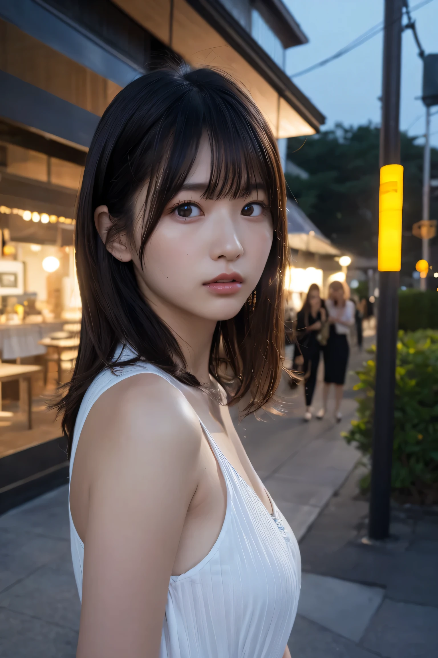 masterpiece、1 beautiful girl、Detailed eyes、Puffy eyes、Highest quality, 超High resolution, (Reality: 1.4), Cinema Lighting、Japanese、Asian Beauty、Korean、Super Beauty、Beautiful Skin、Slender、Body facing forward、(Surreal)、(High resolution)、(8k)、(Very detailed)、(Beautiful and detailed eyes)、(Ultra-detailed)、 (wallpaper)、Detailed face、Bright lighting、Professional Lighting、View your viewers、Look straight ahead、Dress code: A clean shirt and dress....、46 point diagonal bangs、Night Scenery、Brown Hair、Nogizaka Idol、Korean Idol、Gravure idol pose、、Age 25、expensive,