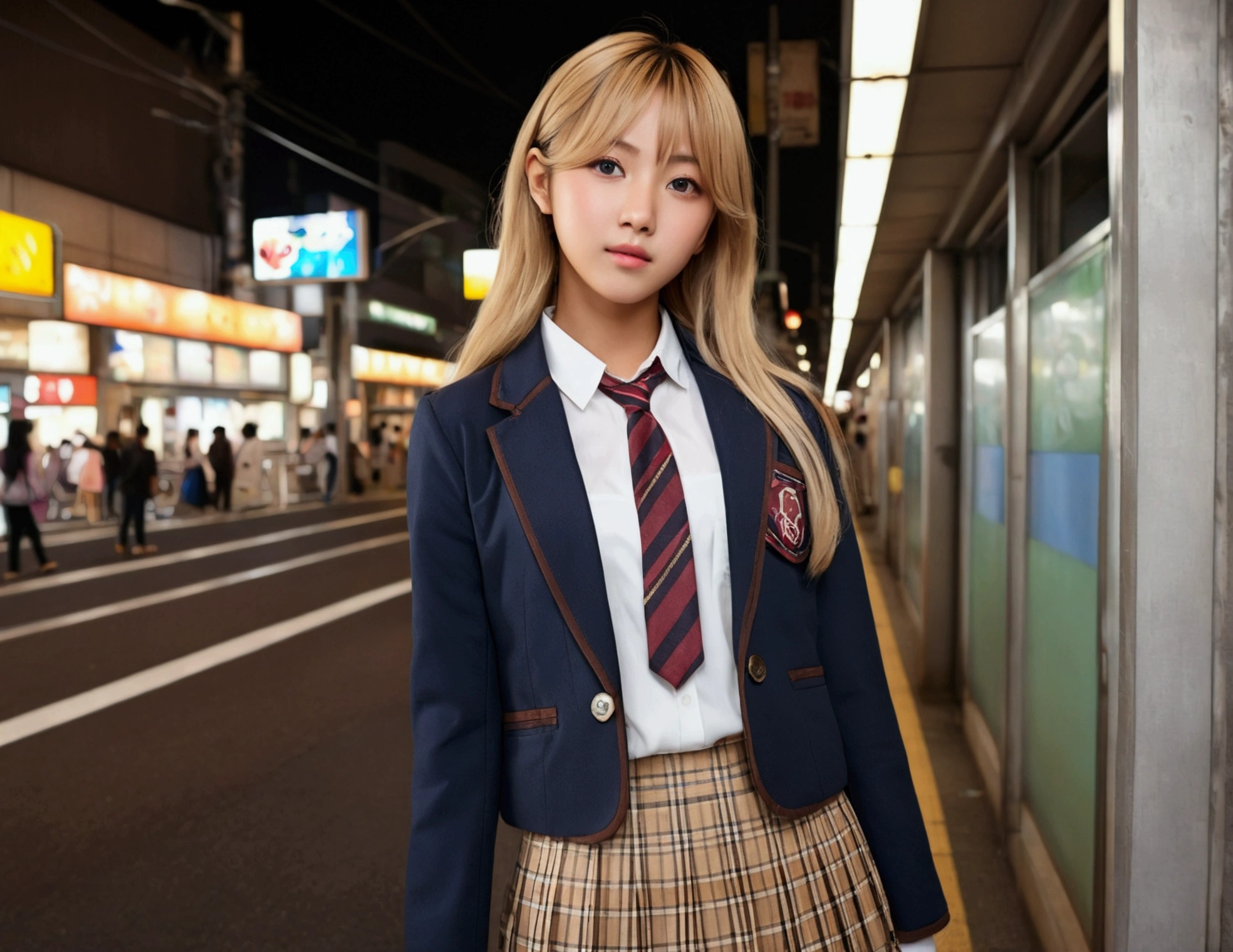 ((Perfect Anatomy:1.2,Realistic:1.3,RAW Photos:1.3,masterpiece、Highest quality、Ultra - High resolution、High resolution、Extremely detailed CG、8k)),Cowboy Shot,1 female,alone,18-year-old、High school girl beautiful girl,Japanese,((Beautiful and exquisite face and eyes:1.2,Big beautiful eyes:1.3,)),Blonde,Long Hair,(Center parted hair:1.4,amount),Medium chest,Slender body,Small Head:1.3,skinny,(Brown Skin:1.4),(Oily skin,Glowing Skin,Glowing Skin,Sweat),(school uniform、Dark blue blazer jacket、Checkered pleated mini skirt),Are standing,Shibuya Station、on the road,neon、At night、Tokyo、