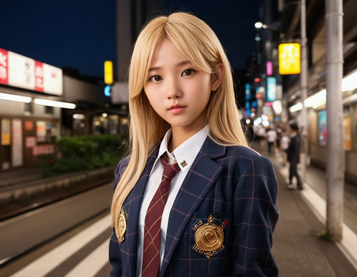 ((Perfect Anatomy:1.2,Realistic:1.3,RAW Photos:1.3,masterpiece、Highest quality、Ultra - High resolution、High resolution、Extremely detailed CG、8k)),Cowboy Shot,1 female,alone,18-year-old、High school girl beautiful girl,Japanese,((Beautiful and exquisite face and eyes:1.2,Big beautiful eyes:1.3,)),Blonde,Long Hair,(Center parted hair:1.4,amount),Medium chest,Slender body,Small Head:1.3,skinny,(Brown Skin:1.4),(Oily skin,Glowing Skin,Glowing Skin,Sweat),(school uniform、Dark blue blazer jacket、Checkered pleated mini skirt),Are standing,Shibuya Station、on the road,neon、At night、Tokyo、