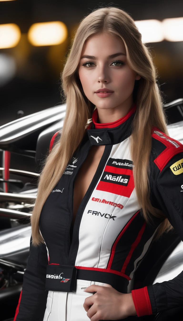 racer jumpsuit, ((black shirt)), formula 1 pilot, (full body, ultra-detailed),standing next to a formula 1 racing car, in front of the camera, ((perfect eyes, detailed eyes,realistic eyes)), (masterpiece, best quality, ultra-detailed, best shadow), high contrast, (best illumination), ((cinematic light)), colorful, hyper detail, dramatic light, intricate details, (1 girl, solo) , ultra detailed artistic photography, dreamy, backlit, shadows, ultra high definition, 8k, ultra sharp focus, ultra high quality model, soft lighting, film photography, analogue photography, hyperrealism,, ((sharp face, detailed face, realistic face, naturtal skin, realistic skin, detailed skin, pores)), large breast, 25 years old very beautiful american girl, long straight blonde hair, expose cleavage