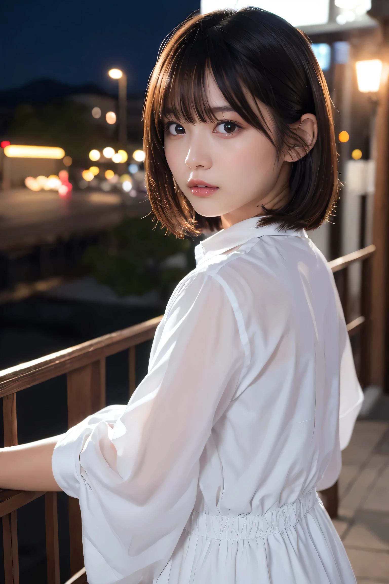 masterpiece、1 beautiful girl、Detailed eyes、Puffy eyes、Highest quality, 超High resolution, (Reality: 1.4), Cinema Lighting、Japanese、Asian Beauty、Korean、Super Beauty、Beautiful Skin、Slender、Body facing forward、(Surreal)、(High resolution)、(8k)、(Very detailed)、(Beautiful and detailed eyes)、(Ultra-detailed)、 (wallpaper)、Detailed face、Bright lighting、Professional Lighting、View your viewers、Look straight ahead、Dress code: A clean shirt and dress....、46 point diagonal bangs、Night Scenery、Brown Hair、Nogizaka Idol、Korean Idol、Gravure idol pose、、Age 25、expensive,
