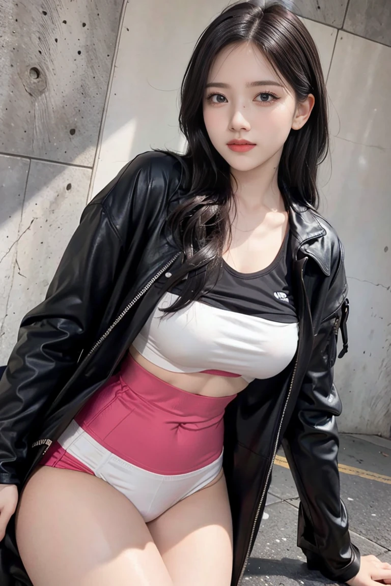 best quality, Ultra-high resolution, (Realistic:1.4), 1 girl, Loose Oversized Black Jacket, White Sports Bra, (Thong:1.2), (Large Breasts:1.2), L looks at the audience, Smile, Foote Body, street, Urban, cosmetic, Wide Angle，