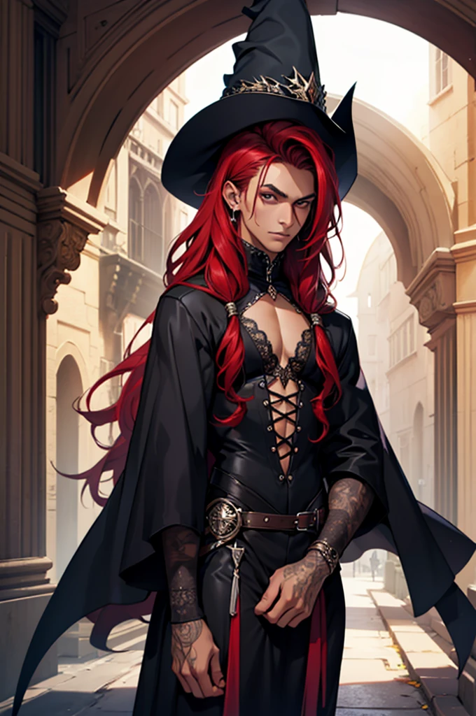 Wizard, skin tanned, latino, vestimentas, Gothic, red long hair, fashion, lo fashion, fully body, skinny, sexly, hole body, cropped