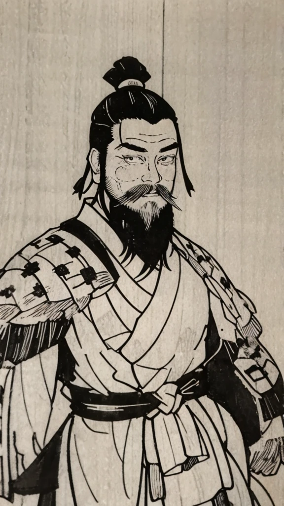 (((whole body))),((Monochrome)),(((Ink Painting))),Oriental、Young man in ancient Chinese costume、(ancient chinese hairstyle male)、As seen in the Romance of the Three Kingdoms々military commander、Highest quality、masterpiece、Ultra-high resolution、(Realistic:1.4)、Game Poster、Crisp and beautiful image quality、beard、Embroidered cloth wrapped around a topknot、whole body ,(Skin of color, ),(beard):1.2), (Very detailed, bloom:1.5), (Highest quality, Concept Art, 4K), (analog:1.2), (high sharpness), (Detailed pupil:1.1), Detailed face and eyes, masterpiece, Highest quality, (Very detailed photos:1.1), 8k, (Dynamic Short Hair), (PurerosFace_v1:0.2), [:(Detailed face:1.2):0.2], sharp, Shadow, 