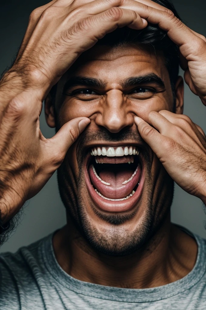 Face of a man that denotes madness and an exaggerated smile, half of the face covered with his hand.