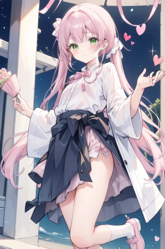 She has olive green eyes and long blonde hair that is braided over her shoulders., Tied with a little ribbon and a heart, Pale pink scrunchie, Red Clip. Her hair color is lighter、It stretched very long, Worn in pigtails tied with a deep pink ribbon with a red heart. she金のハートのイヤリングを手に入れた. she、With white ruffle trim、She is wearing a pale pink ruffled dress with a pink lined band down the center。. A white ribbon with a ruby heart on the chest, A yellow ribbon is tied around her waist、Fastened with a small heart、A wallet is hanging from it. Her shoes are pale pink.、The soles are pink、It comes with white ruffled leg warmers that match the sleeves.。, Adorned with a pink ribbon and a ruby heart.