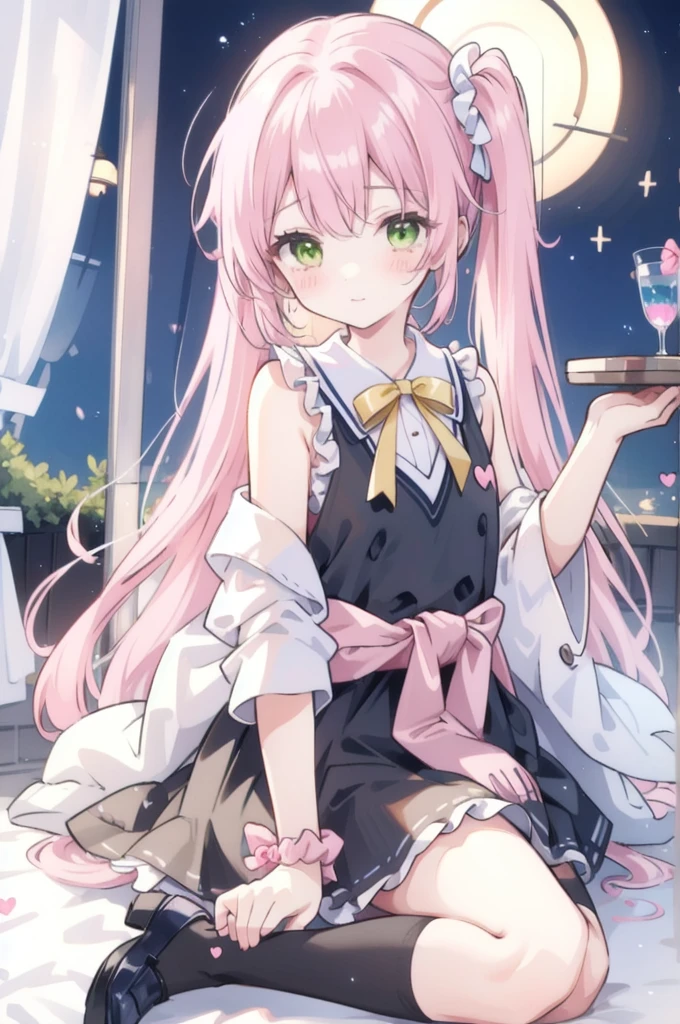 She has olive green eyes and long blonde hair that is braided over her shoulders., Tied with a little ribbon and a heart, Pale pink scrunchie, Red Clip. Her hair color is lighter、It stretched very long, Worn in pigtails tied with a deep pink ribbon with a red heart. she金のハートのイヤリングを手に入れた. she、With white ruffle trim、She is wearing a pale pink ruffled dress with a pink lined band down the center。. A white ribbon with a ruby heart on the chest, A yellow ribbon is tied around her waist、Fastened with a small heart、A wallet is hanging from it. Her shoes are pale pink.、The soles are pink、It comes with white ruffled leg warmers that match the sleeves.。, Adorned with a pink ribbon and a ruby heart.