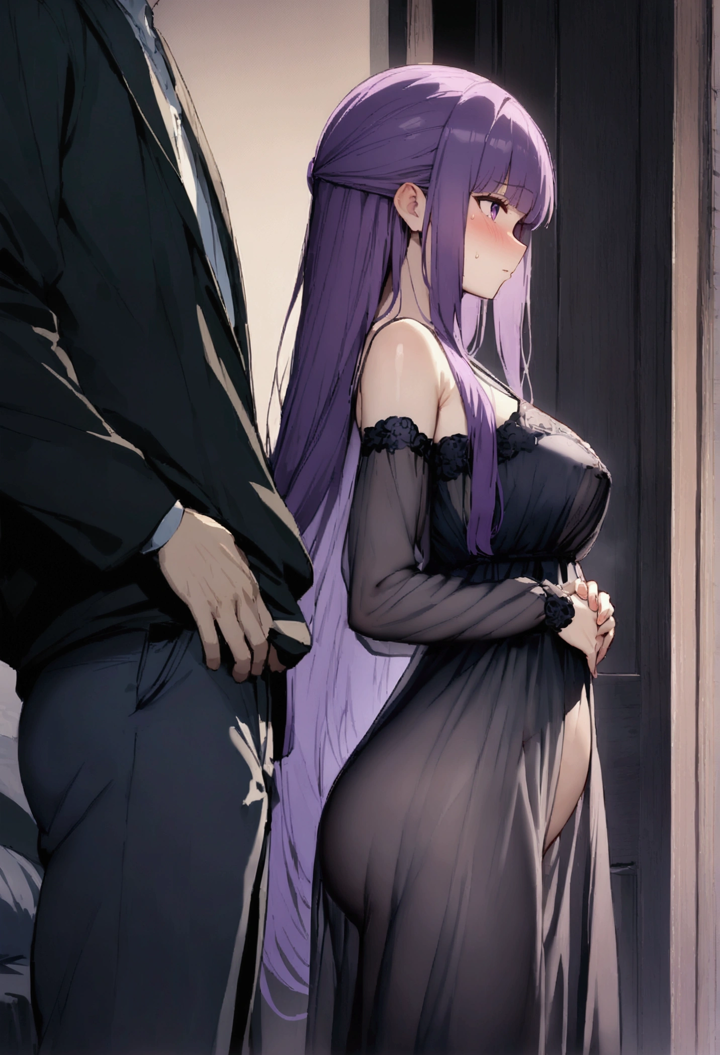 NSFW,masterpiece,Highest quality,High resolution,Super detailed,Fern\(Funeral of Frieren\),Purple eyes,Purple Hair,Long Hair,(High-quality see-through negligee),Embarrassed,blush,expectant face,Inn at night,bedroom,(Young men),A man puts his hands on her waist and hugs her,Put your hands inside your clothes,Circling the body,From the side