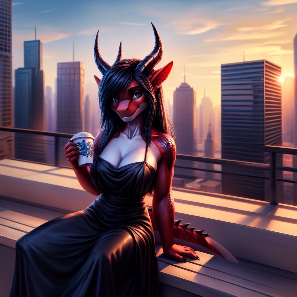 Anthro dragon, red-skinned, female, (Detailed scales: 1.2), solo, 1 person, 8k, 4k, (masterpiece: 1.4), (best quality: 1.4), (illustration: 1.2), (cinematic lighting: 1.3), (Ultra detailed: 1.7), long, flowing black hair, she smirks confidently out at a sprawling city skyline, black silk dress, dark blue-gray eyes, holding a cup of hot coffee, polished black pair of horns, sitting on the bench on skyscraper roof