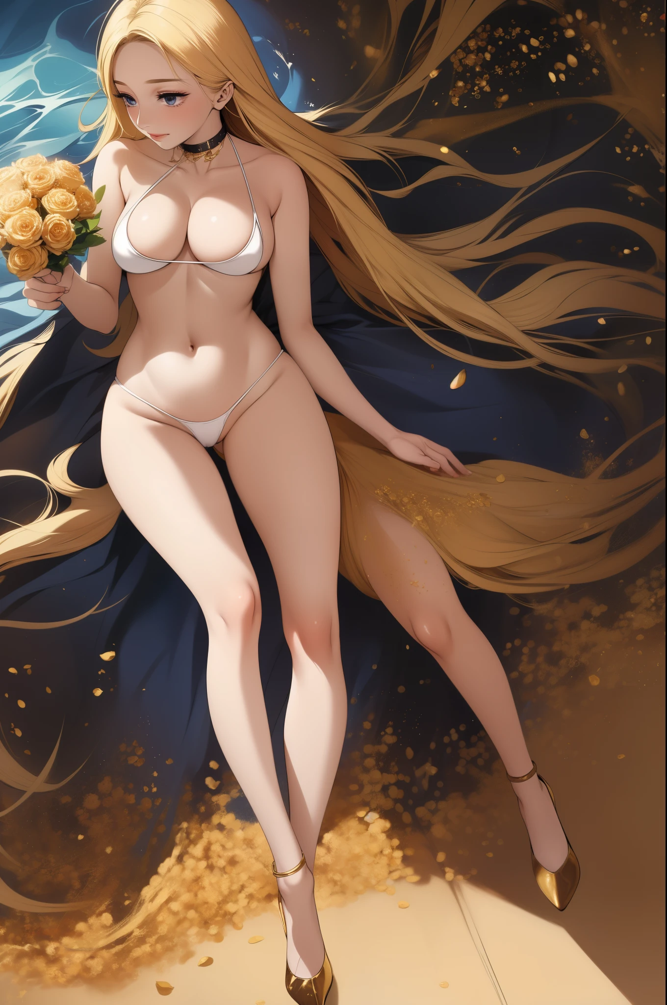 An extremely beautiful stunning woman with a perfect busty body, gold blonde long silky hair, big blue eyes, extremely super bright snow white fair stunning flawless glowing lush shiny flawless white skin, a perfect tight hourglass figure, and a skinny waist, sexy thick smooth luscious legs and thighs, extremely cute smile on the face, bright pink blushes on cheeks, wearing a short sexy tight revealing white bikini with threads, yellow heels, gold necklace on the neck, gold anklets on feet, gold chain on the waist, standing straight, holding a red roses bouquet, beach in the background, show full body from head to feet.
