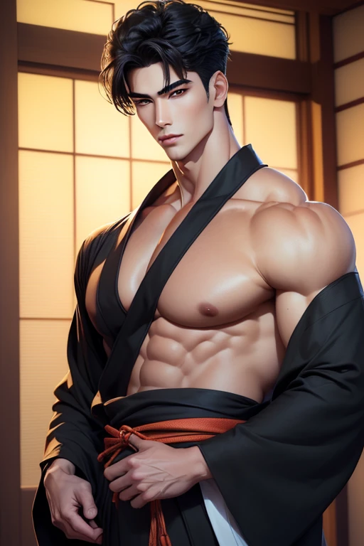 Close-up handsome very Japanese younger males,muscle,super and highly detailes,very 8k((absurdres, highres, ultra detailed)handsome, tall muscular Anime young man Japanese man full body figure kinda brawny muscular with black hair studious student likewithout glases in a very japanes  male summer contemporary kimono yukata looking at the camera anime semi realiatic with different strking handsome features looks appearances that are moulded sculpted sculptured chiseled sharp angled angular broad high cheekbones full square jawed large almond shaped eyes light hazel amber or honey colors monolidded eyes barely shoulder length wavy hair dark in a very Japanese Tokyo home almost male model like