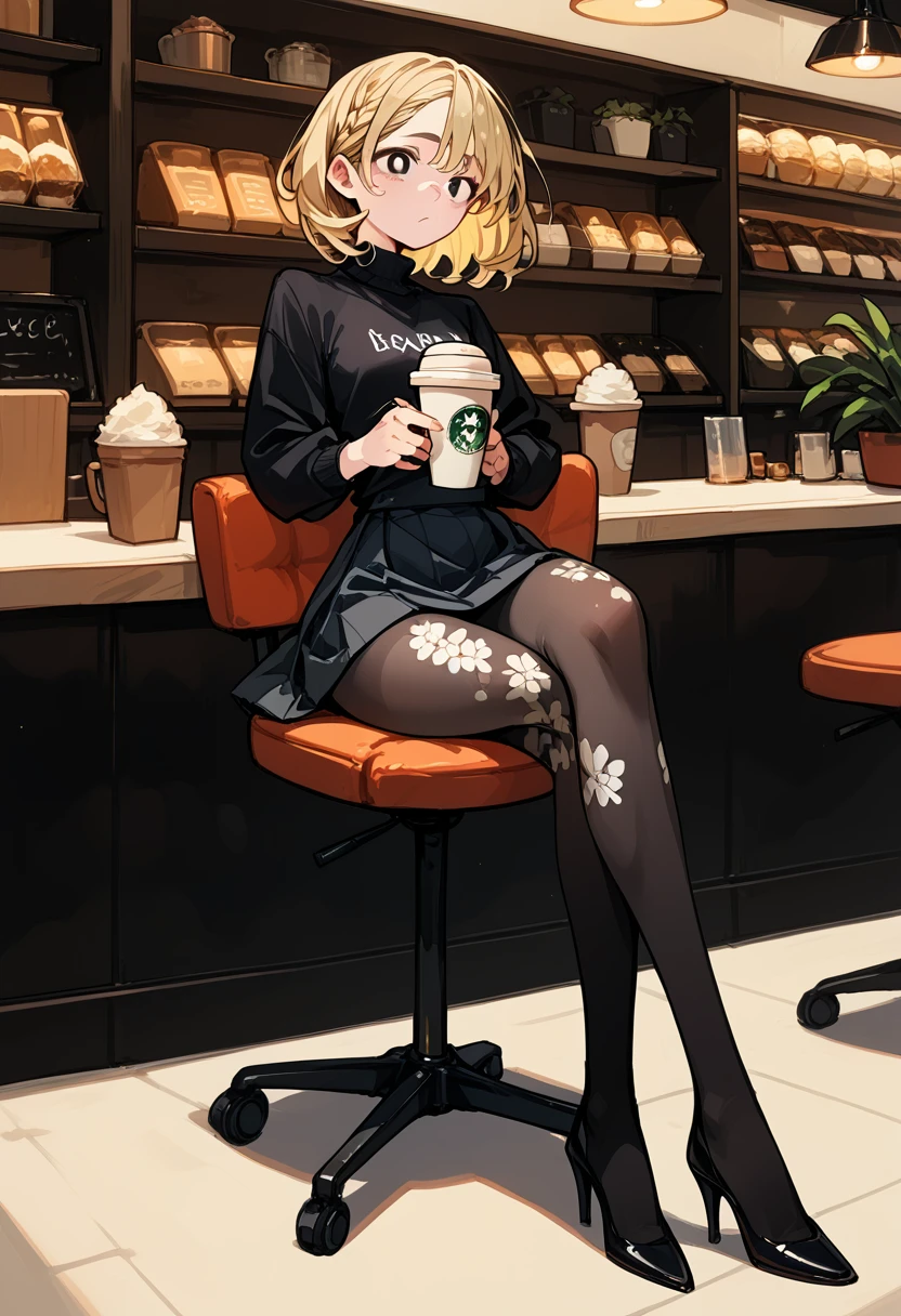 score_9, score_8_up, score_7_up, exquisite photograph of a gorgeous 24 year old  blonde, athletic build, medium bust, chin length hair in a short French type braid, wearing a very tight cropped black wool sweater and grey wool microskirt, (patterned sheer tights:1.2), high heels, ((highly detailed face)), sitting in a college coffee shop drinking a latte, (sitting in a lounge chair, legs crossed:1.3), skirt riding up