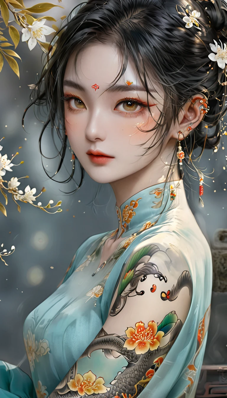 Chinese Beauty, Charming temperament, floating long dress, Clear face, beautiful eyes, Around osmanthus flowers, A masterpiece of perfect body structure proportions, Very detailed, Epic creation, Color Tattoo Art, Neo-Traditional Tattoo Art, SD tattoo design, Color Tattoo Art, mystery、enthusiasm、Friendly atmosphere, Surrealism, Ultra HD, high quality, best quality, 32K --v 6
