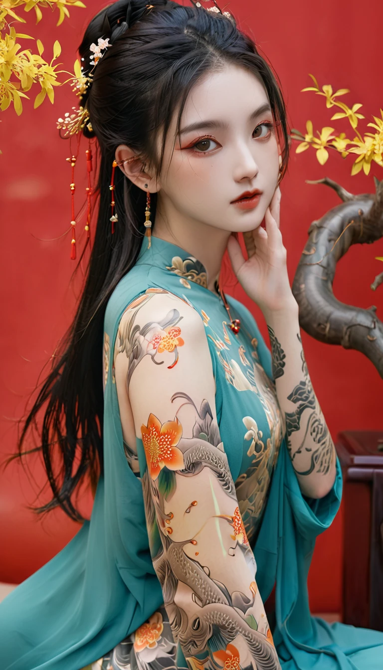 Chinese Beauty, Charming temperament, floating long dress, Clear face, beautiful eyes, Around osmanthus flowers, A masterpiece of perfect body structure proportions, Very detailed, Epic creation, Color Tattoo Art, Neo-Traditional Tattoo Art, SD tattoo design, Color Tattoo Art, mystery、enthusiasm、Friendly atmosphere, Surrealism, Ultra HD, high quality, best quality, 32K --v 6
