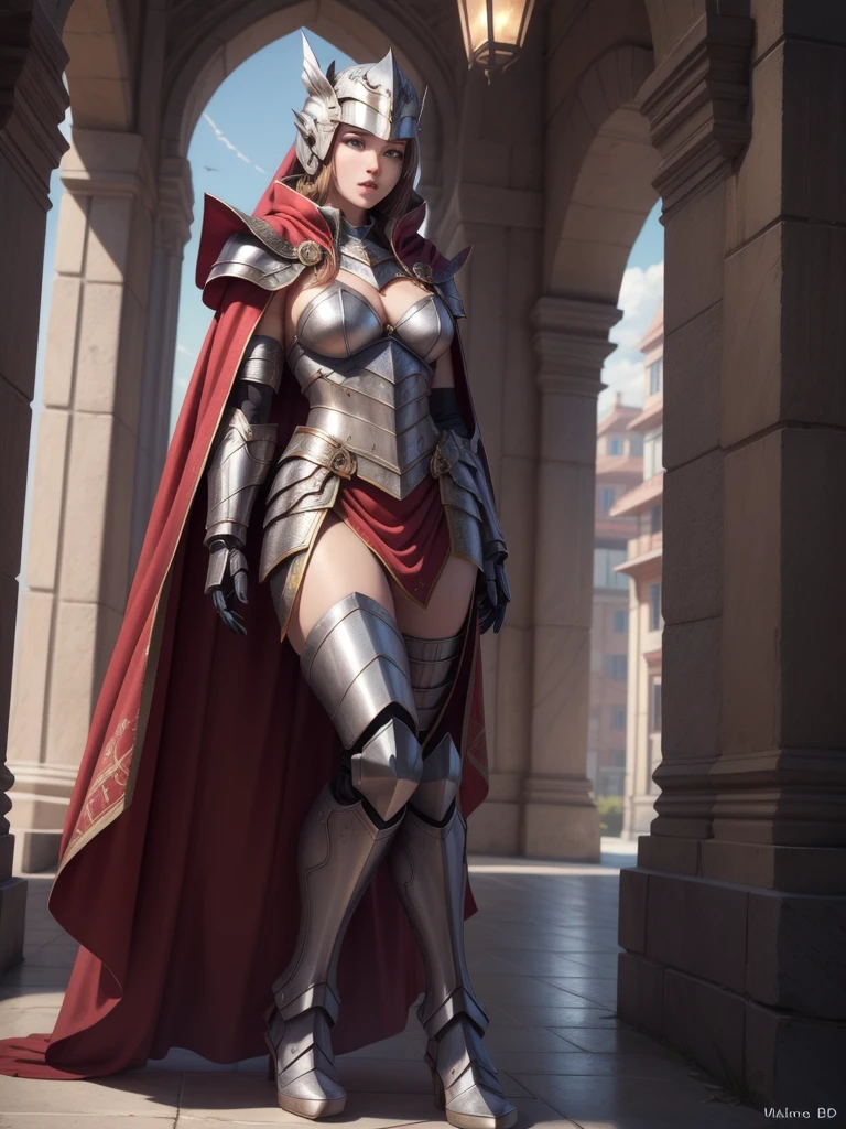 Warrior, costume, armor, short skirt, red skirt, white panties, panties appearing, upskirt, cameltoe, redhead, realistic, D&D, sitting, legs open, steel breastplate, steel gauntlets, steel boots