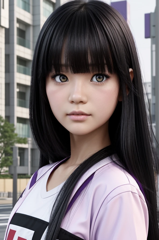 Screenshot Tokyo Revengers White-skinned girl, with long black hair, purple eyes and a little big but slanted, make your cheeks a little red, on the lower lip it will have a light pink, will have bangs on the forehead and also on the sides, normal student clothes, and the background will be a park