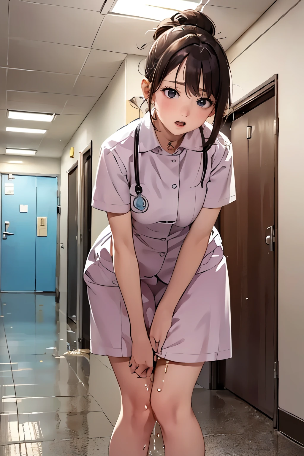 (depicting a single moment from a manga for adults), (hand-drawn), ((manga-style background)), (a nurse, nurse-uniform), (((round face))), drooping eyes, in the hospital corridor, ceiling, curtain, ((incontinent, humiliated, leaking pee a bit)), ((embarrassing)), (hair up),