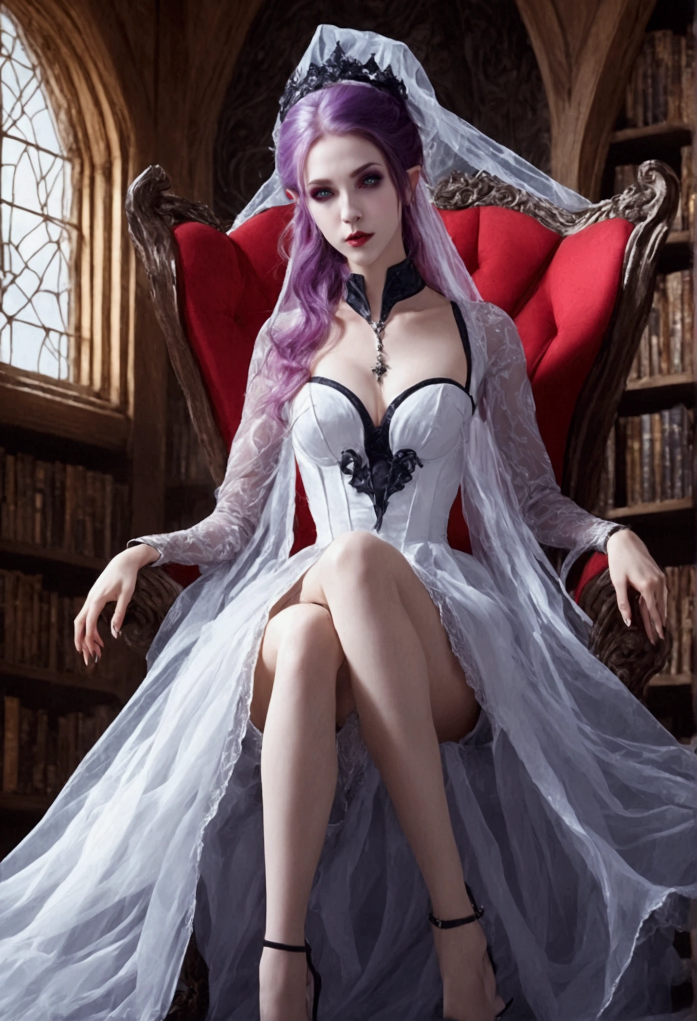 arafed a picture of elf vampire in her castle. an exquisite beautiful female elf vampire (ultra details, Masterpiece, best quality), full body, ((anatomically correct: 1.5) bloody mouth, purple hair, pale skin, hair in a ponytail, long hair, blue eyes, (small pointed ears: 1.2), cold eyes, smirking, wearing white dress (ultra details, Masterpiece, best quality), red cloak, wearing high heels, in dark fantasy library, book shelves, vibrant, Ultra-high resolution, High Contrast, (masterpiece:1.5), highest quality, Best aesthetics), best details, best quality, highres, ultra wide angle, 16k, [ultra detailed], masterpiece, best quality, (extremely detailed) RAW, dark fantasy art, gothic art, wearing Haute_Couture designer dress, Dark Novel, Dark Art Painting Style, dripping blood, hud_s1n, short black dress, long sleeves, veil, thighhighs, digital painting