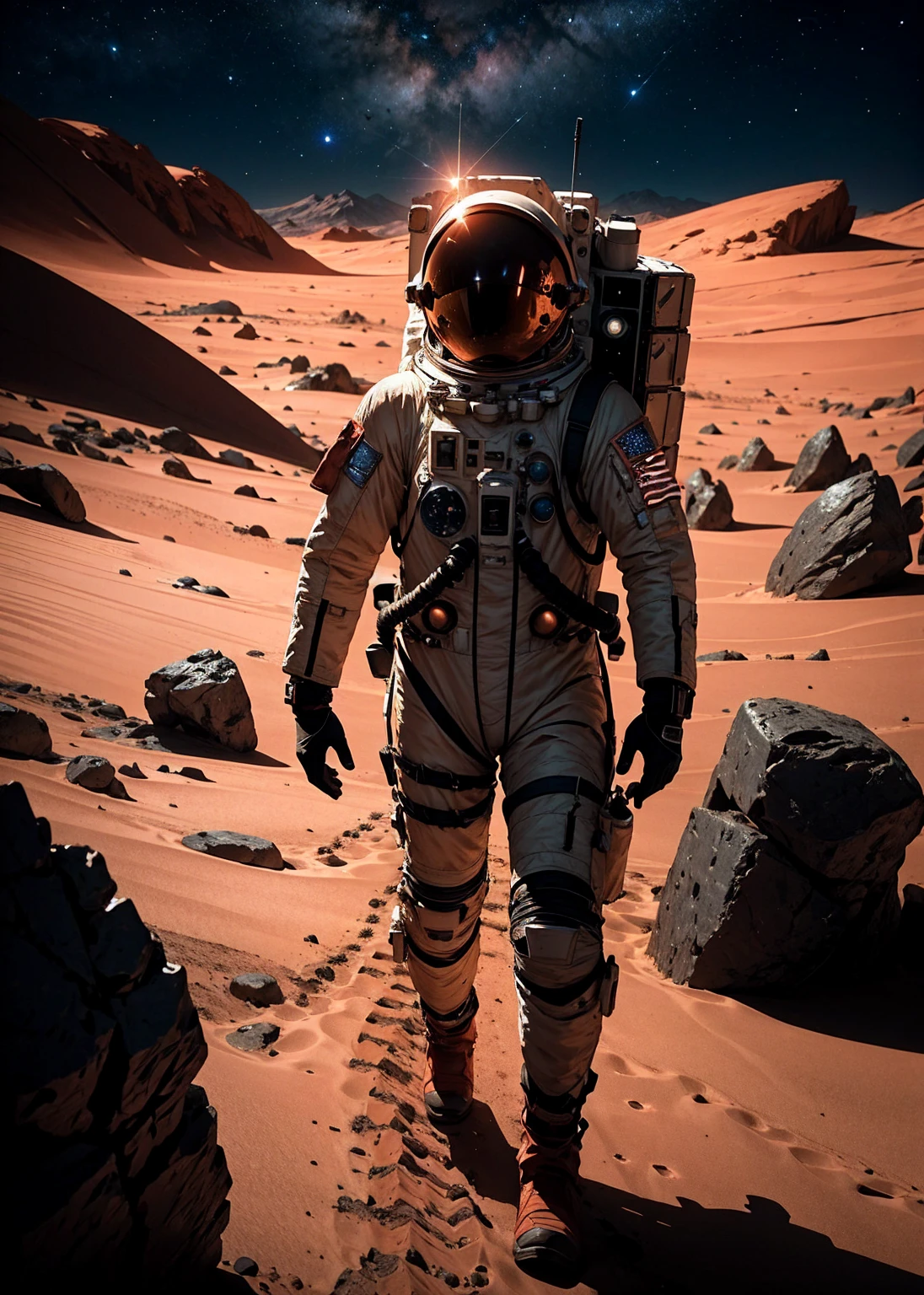 A detailed night scene on Mars, featuring an astronaut walking away from the viewer. The landscape is filled with jagged rocks, towering mountains, and scattered stones. The sky is dark, with a backdrop of distant stars and a faint Martian moon. The astronaut's suit is illuminated by a soft light, highlighting the details of the Martian environment. The overall atmosphere is serene yet mysterious, capturing the essence of exploration on the Red Planet at night.