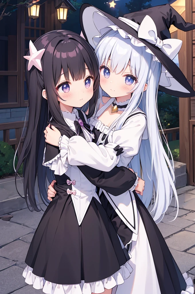 hair、cute、Magical girl、Witch Hat、Black and white clothes、Frills、In front of the house、金hairのMagical girl、Embrace each other
