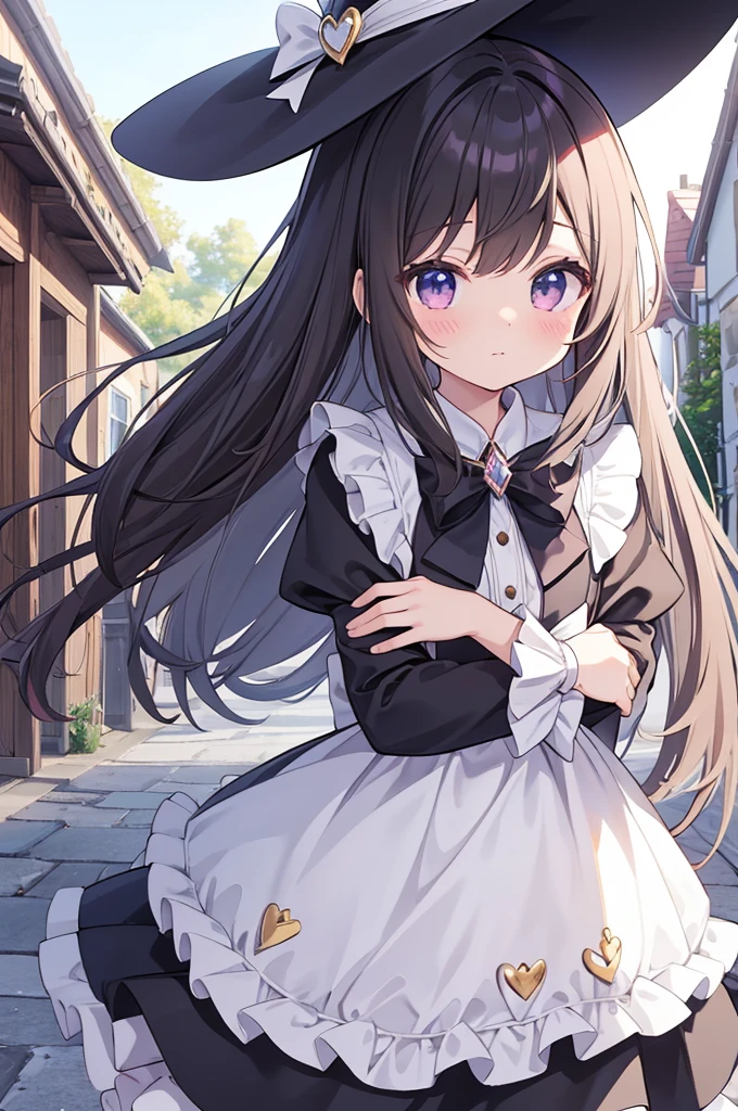 hair、cute、Magical girl、Witch Hat、Black and white clothes、Frills、In front of the house、金hairのMagical girl、Embrace each other