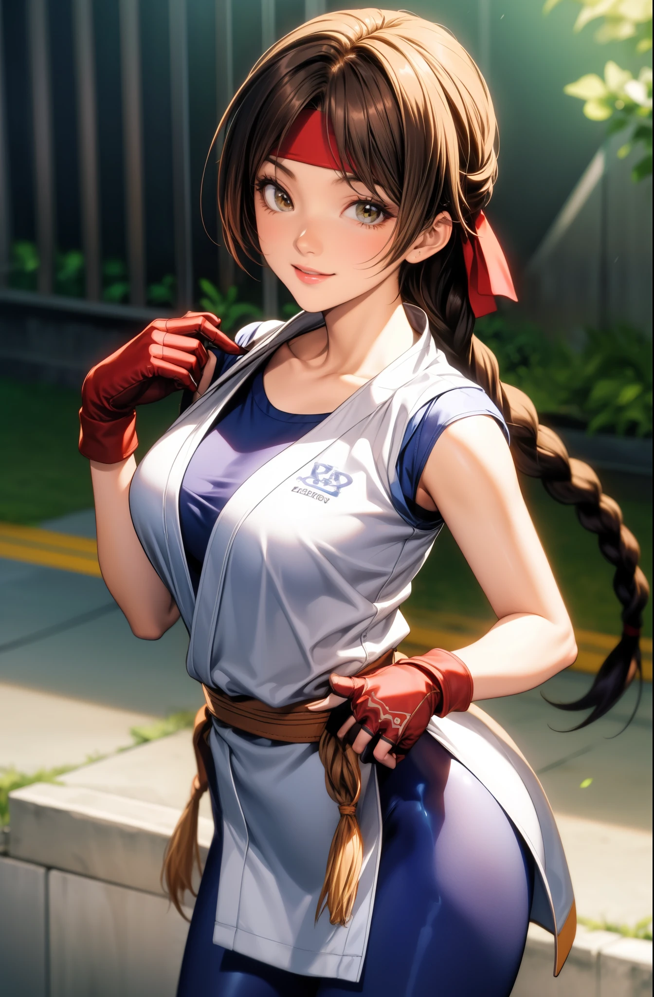 perfect eyes:1.2, detailed eyes:1.4, yurims, headband, ass, blue pantyhose, braided ponytail, brown hair, brown eyes, smile, dougi, spandex, gloves, fingerless gloves, leggings, cowboy shot, 1girl, solo, (masterpiece:1.6, best quality), 8k, insane details, intricate details, hyperdetailed, hyper quality, high detail, ultra detailed, professional, HDR, ray tracing reflection, cinematic lighting,