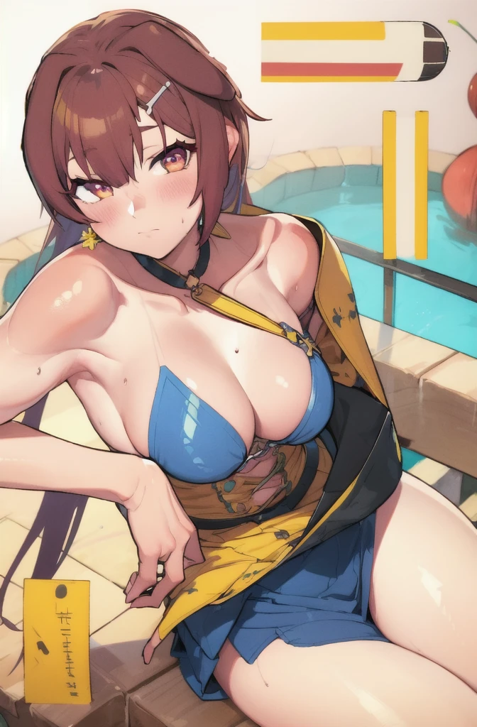 1.5),(girl),(Dynamic pose),Brown Hair,(Vermilion eyes),(first round),Big Breasts,Swimwear