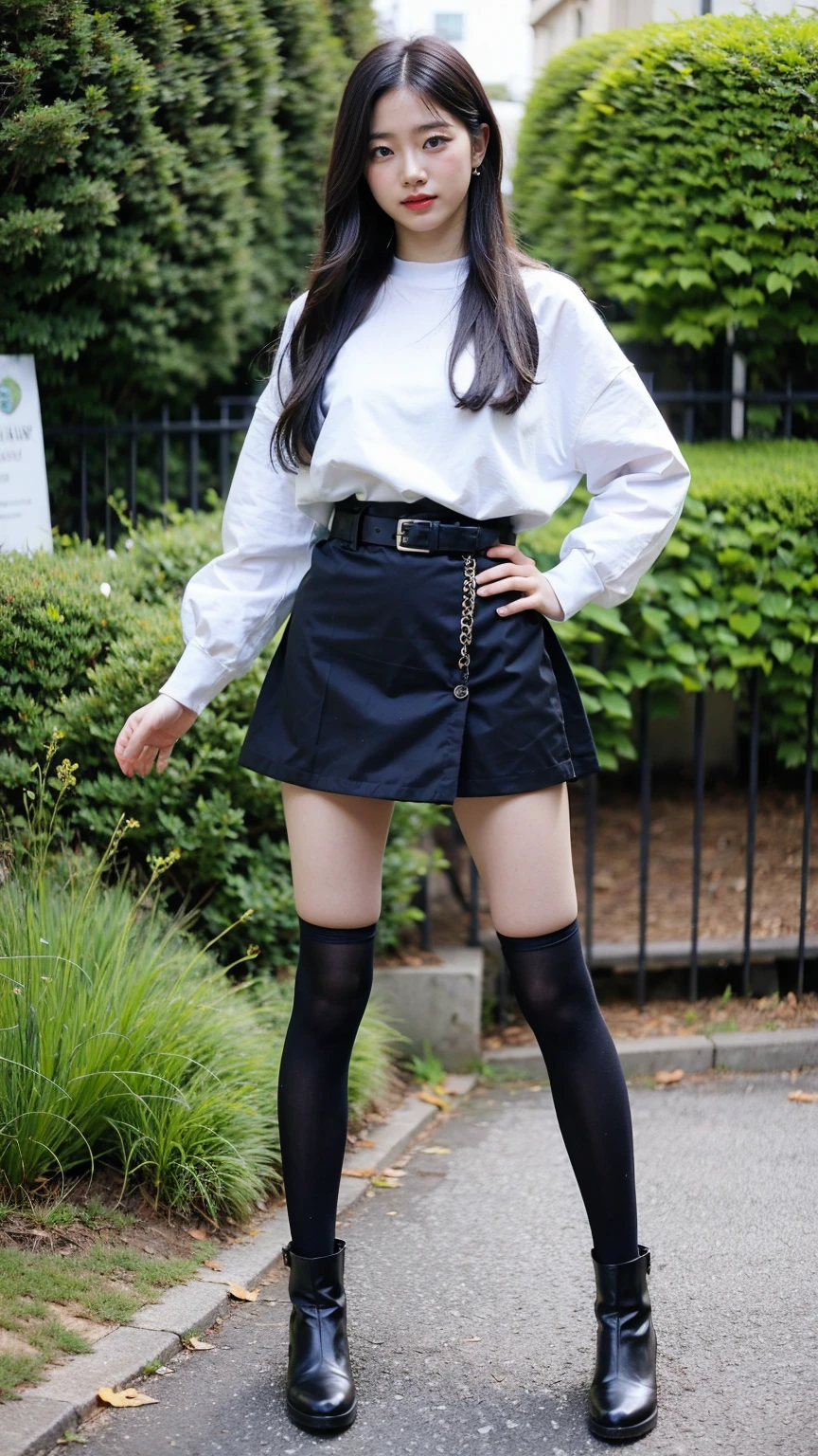 (8k、RAW Photos、Highest quality、masterpiece:1.2)、(Realistic、Realistic)、1 Girl、((Black Mini Skirt、Tube top、Thin legs、boots、tights、garden、View from the front、Looking at the camera、belt、Hands on your hips))、cute