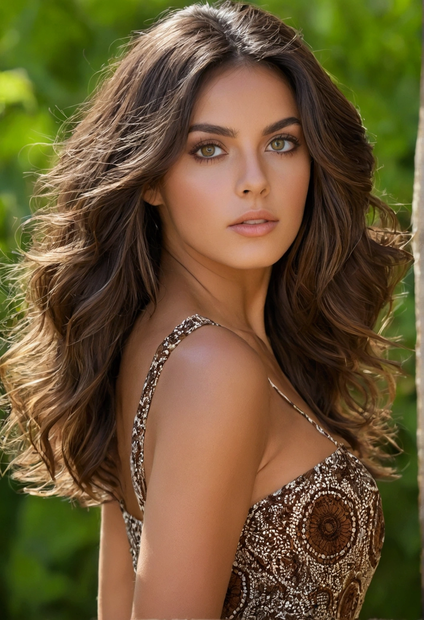 1 femme, cheveux bruns foncés longs et ondulés, yeux marron foncé, nature, au-dessus de, jupe courte, Italie, moyen large, pas de haut, jupe sexy