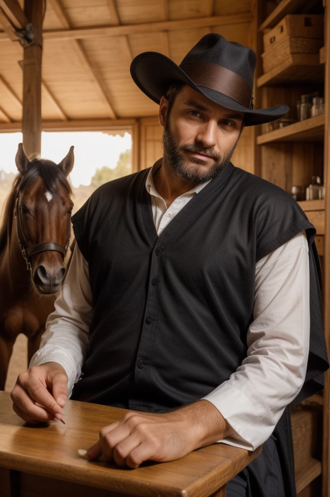 a man, 39 years old, with a beautiful angelic face, short beard, wearing a gaucho hat, dressed in a luxurious black cape, long sleeves, white shirt and brown bombachas, behind him a black horse with an open front, he looks proud as he sits at a table with veterinary tools, serious and charming face