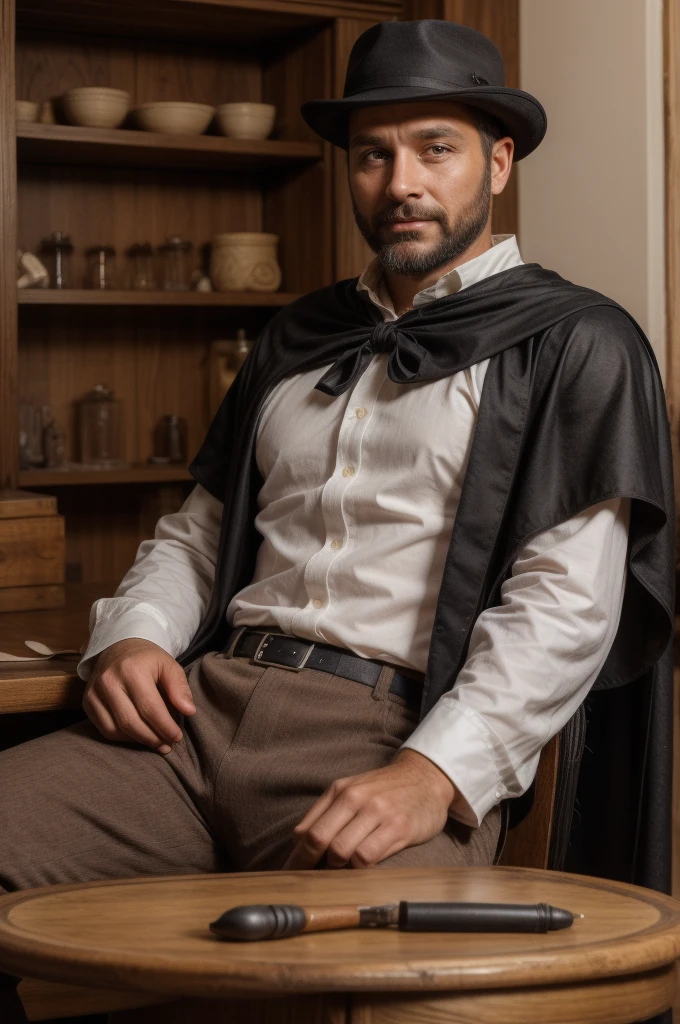 a man, 39 years old, with a beautiful angelic face, short beard, wearing a gaucho hat, dressed in a luxurious black cape, long sleeves, white shirt and brown bombachas, behind him a black horse with an open front, he looks proud as he sits at a table with veterinary tools, serious and charming face