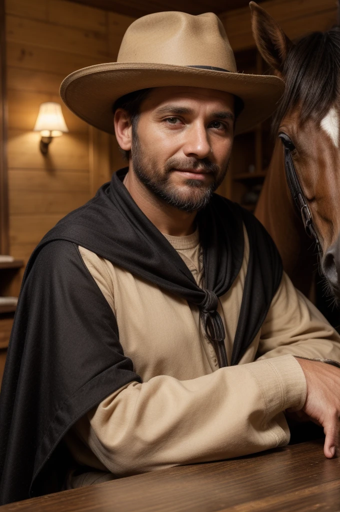 a man, 39 years old, with a beautiful angelic face, short beard, wearing a gaucho hat, dressed in a luxurious black cape, long sleeves, white shirt and brown bombachas, behind him a black horse with an open front, he looks proud as he sits at a table with veterinary tools, serious and charming face