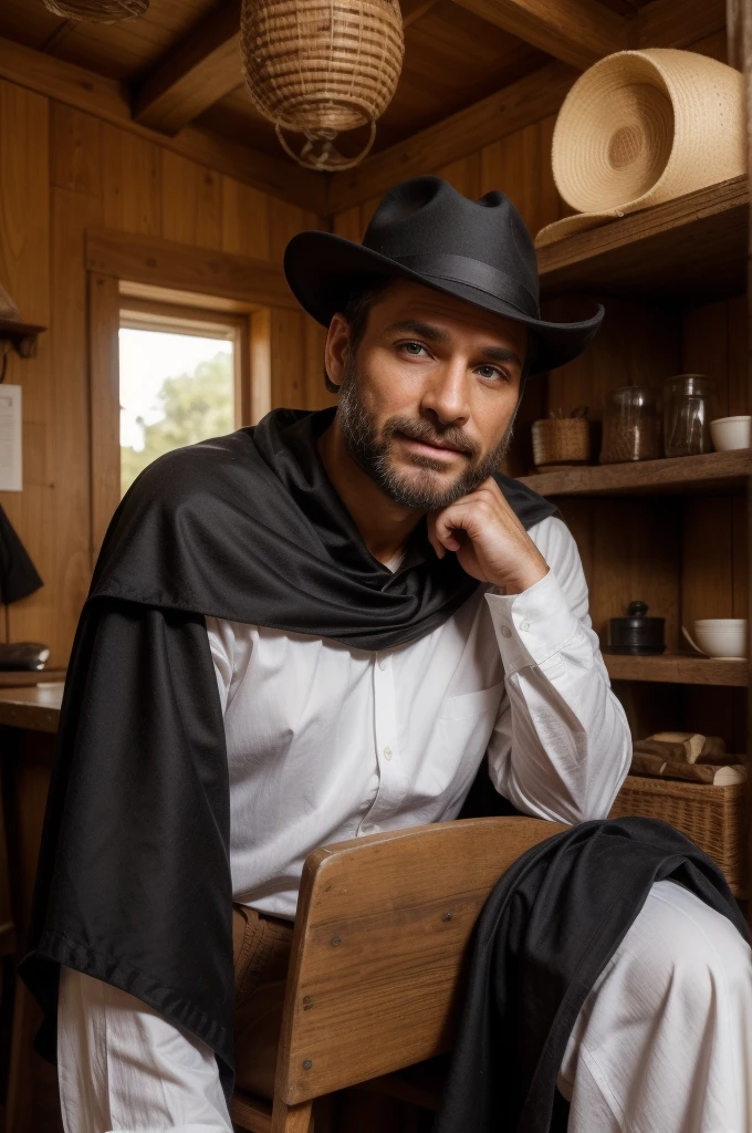 a man, 39 years old, with a beautiful angelic face, short beard, wearing a gaucho hat, dressed in a luxurious black cape, long sleeves, white shirt and brown bombachas, behind him a black horse with an open front, he looks proud as he sits at a table with veterinary tools, serious and charming face