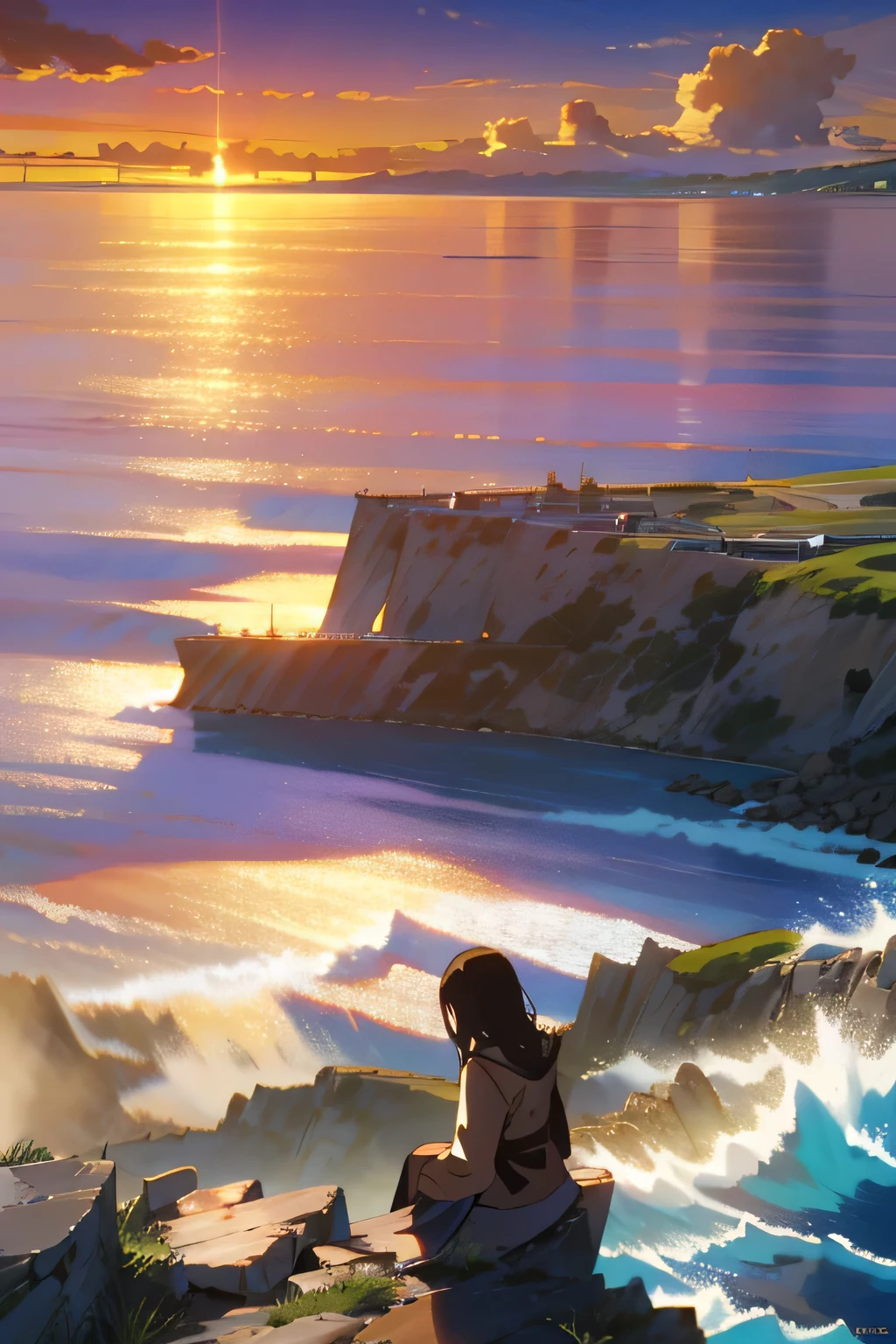 a woman sitting on a cliff overlooking the vast blue ocean,ocean sunset,beautiful detailed eyes,beautiful detailed lips,extremely detailed eyes and face,longeyelashes,serene expression,warm sunlight on her face,golden hour lighting,glowing sunset sky,vast shimmering ocean,cliffs overlooking the sea,photo taken from behind the subject,realistic,photorealistic,photo-realistic:1.37,best quality,4k,8k,highres,masterpiece:1.2,ultra-detailed,HDR,UHD,studio lighting,ultra-fine painting,sharp focus,physically-based rendering,extreme detail description,professional,vivid colors,bokeh