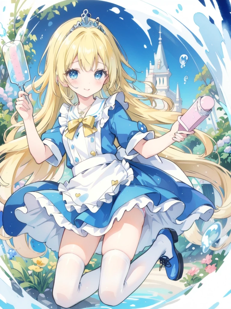 Photorealistic, (masterpiece,Highest quality:1.4),(8k,RAW Photos,Photorealistic:1.2),Not safe at work, Detailed skin,Detailed face,One girl,Princess,Alice in Wonderland,Cute Face, Super Resolution,Retro realistic detailed illustration,,{{{Elaborate,Complicated,wonderful,delicately,extraordinary,Scrupulous,point,Unbelievably,Obsessed,craftsman&#39;s,subtle,celebrity,Skillful,Vibrant, Vivid, Complex}}}, Clearly focused edge, fresh natural gradation, Highest quality, wonderful品質, so beautiful, Absurd,
Pub Sadness,
((yellow, Checkerboard, Frillsの, yellow layered, mini skirt,Overskirt)), ((白いFrillsエプロン)),((shiny Wavy Hair)), crown, Ankle boots, Under the skirt, dress, (((Jumping))), Lift your legs, (Frillsの shirt), ゴシックdress, hair band, Short sleeve, Bow hair, Happy, ;p, Medium Bob,  (Blonde),   ((Wavy Hair)), shimmering eyes, blue eyes, ((yellow hair band)),(((White Frillsの Panties))), (((Skirt flip))), Laughter, blush, dress, Alice (Alice in Wonderland), (Cape), White Frillsの legwear, ((yellow the Bow)), Puff sleeves, Bans, Short sleeve, ((yellow bow ribbon)), Long Hair, (White Frillsの apron), (((tiara))), (((Holding a cute magic wand))). White Frillsの legwear, Frills, yellow ゴシックdress,: q, ((Heart Necklace)), ((ring)), masterpiece, Highest quality, Not safe at work, , , 14, Braided bangs, Arm Garters, Baby Face ,Eyes sparkle, Flat Chest, 
it has been,it has beenii,pastel colour,(Wonderland Garden:1.3),imagine,  ((Soap bubble)), Heart Background, (watercolor),