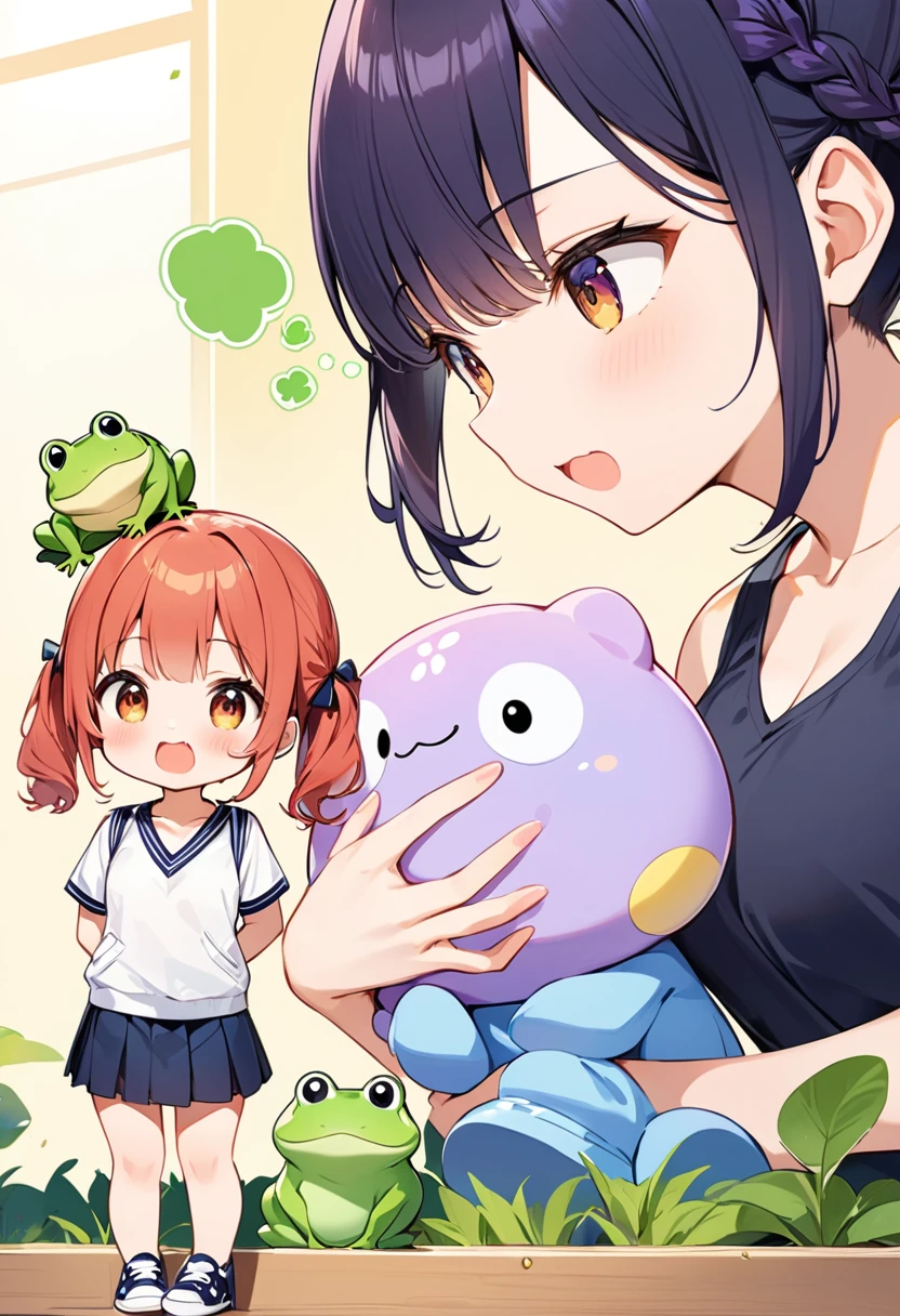 Highest quality、High resolution、Detailed Background、Beautiful face in every detail、Anatomically correct、Detailed facial expressions、fine grain、((One Girl))、Chibi Girl、Cute hair color、Braided twin tails、Elementary school, (Tank top、Ｖneck、mini skirt、Cute Shoes)、I tried to touch a giant baby frog and it ate my wrist、I can&#39;t let my guard down、Surprised expression、I have a lot of tears in my eyes、An expression that looks like it's about to cry、Shout with your mouth wide open、Close up hands、