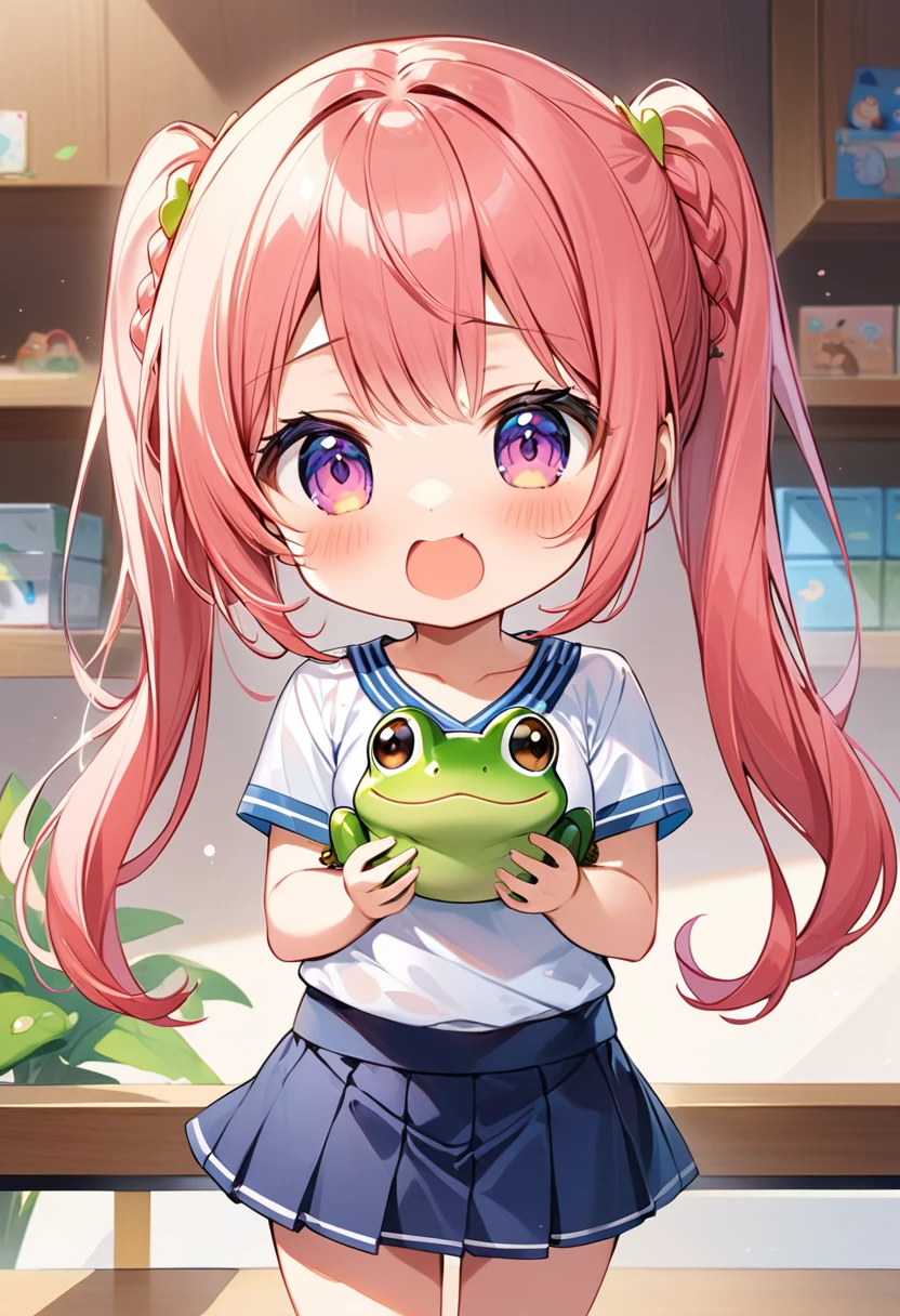 Highest quality、High resolution、Detailed Background、Beautiful face in every detail、Anatomically correct、Detailed facial expressions、fine grain、((One Girl))、Chibi Girl、Cute hair color、Braided twin tails、, (Tank top、Vneck、mini skirt、Cute Shoes)、I tried to touch a giant baby frog and it my wrist、I can't let my guard down、Surprised expression、I have a lot of tears in my eyes、An expression that looks like it's about to cry、Shout with your mouth wide open、Close up hands、