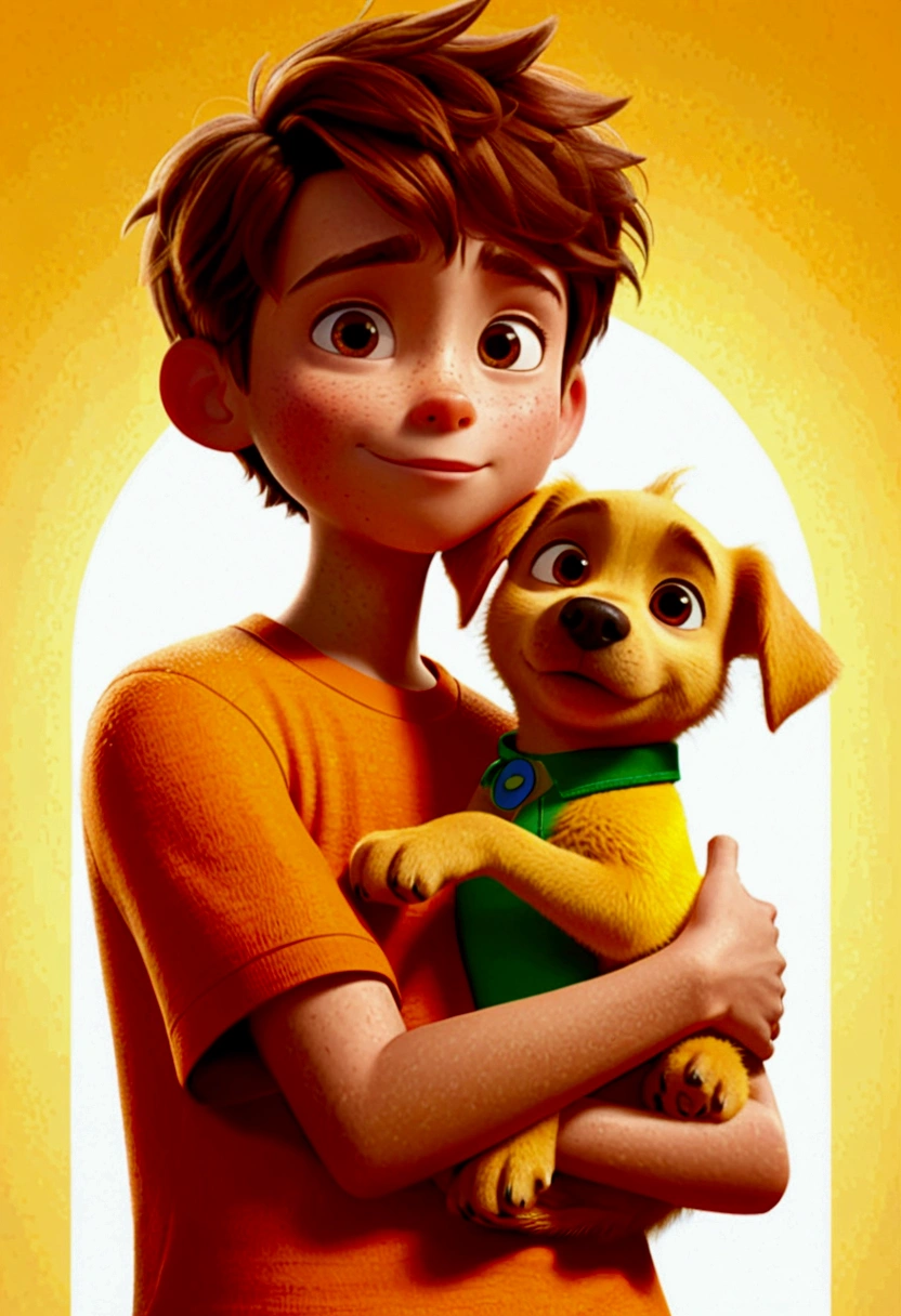 k asymmetrical boy, disney pixar style, 3d, animated cartoon, fluffly, shiny colors, short light brown hair, skin fair, short sleeve orange shirt, details Intricate, hugging your yellow puppy, dog with all yellow fur, glad