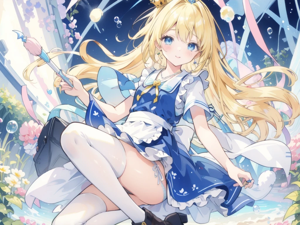 (NSFW),High resolution, (An illustration: 1.3), anime、((highest quality)), (Super detailed), (beautiful), ((Under detailed fantastic starry sky:1.3)), (one cute :1.4)、(alice in wonderland costume、one piece:1.4),white and transparent skin、BREAK (Big blue ribbon on the head:1.3)、BREAK Shiny pale colorful blonde long hair,BREAK (cowgirl position, squatting, spread legs,spread your pussy、grab crotch,Uterus,urethra:1.7),(lift skirt,low position、from below:1.5)、(bottomless:1.4),from directly below,(from below:2),(seductive smile:1.3)