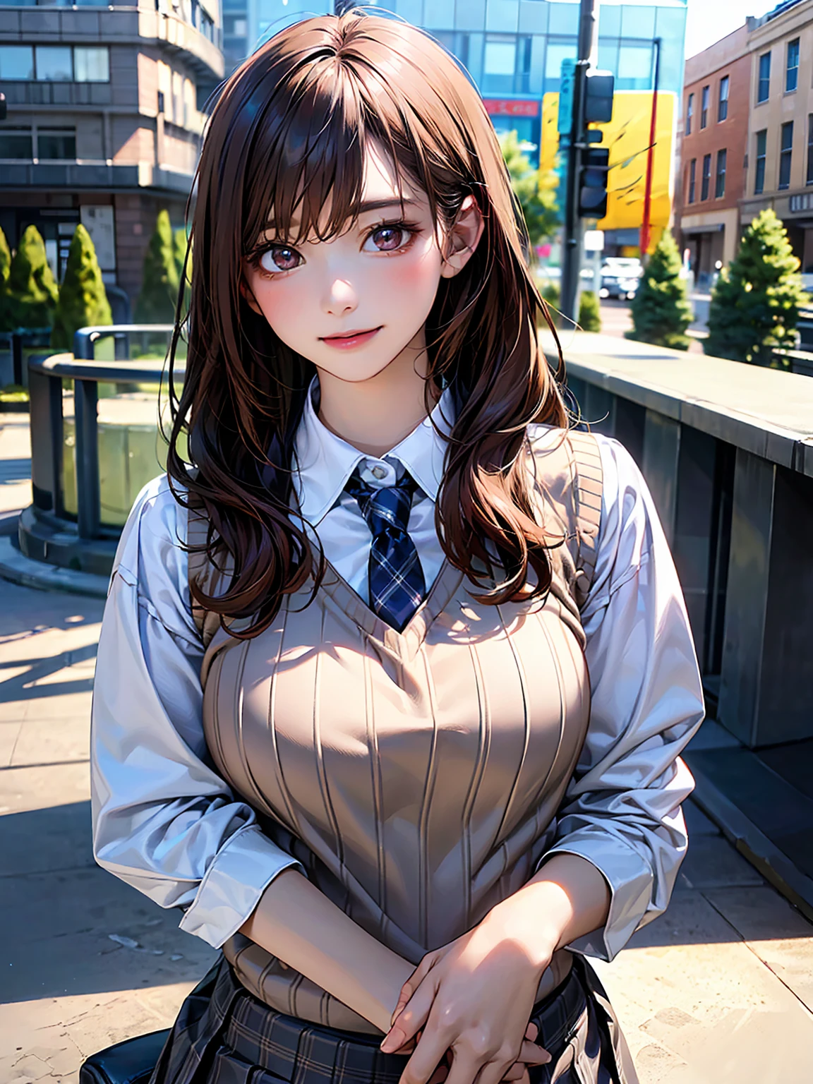(masterpiece:1.3, Highest quality), Ultra-high resolution, Super detailed, (Realistic, photoRealistic:1.4), Beautiful illustrations, Perfect lighting, colorful, Depth of written boundary,
View your viewers, (Face Focus, Upper Body), 1 girl, alone, High female high school student, Gravure Model, (Large Breasts:0.8, Big Ass, Captivating thighs, Skin Dentition),
(long hair:1.2, straight hair:1.2, (saddle-brown colored) hair), 非対称の前hair, (brown) eye, drooping eye, big eye, Glowing Skin, thin,
beautiful hair, Beautiful Face, Highly detailed face, beautiful detailed eye, Beautiful clavicle, Beautiful body, Beautiful breasts, Beautiful thighs, Beautiful feet, Beautiful fingers,
(Detailed cloth texture, Grey checked tie, (Navy knit vest), White long sleeve collared shirt, Grey plaid pleated skirt), Black socks, White panties, Black Randoseru,
(Beautiful views), morning, (Downtown), walk, (Cute smile),