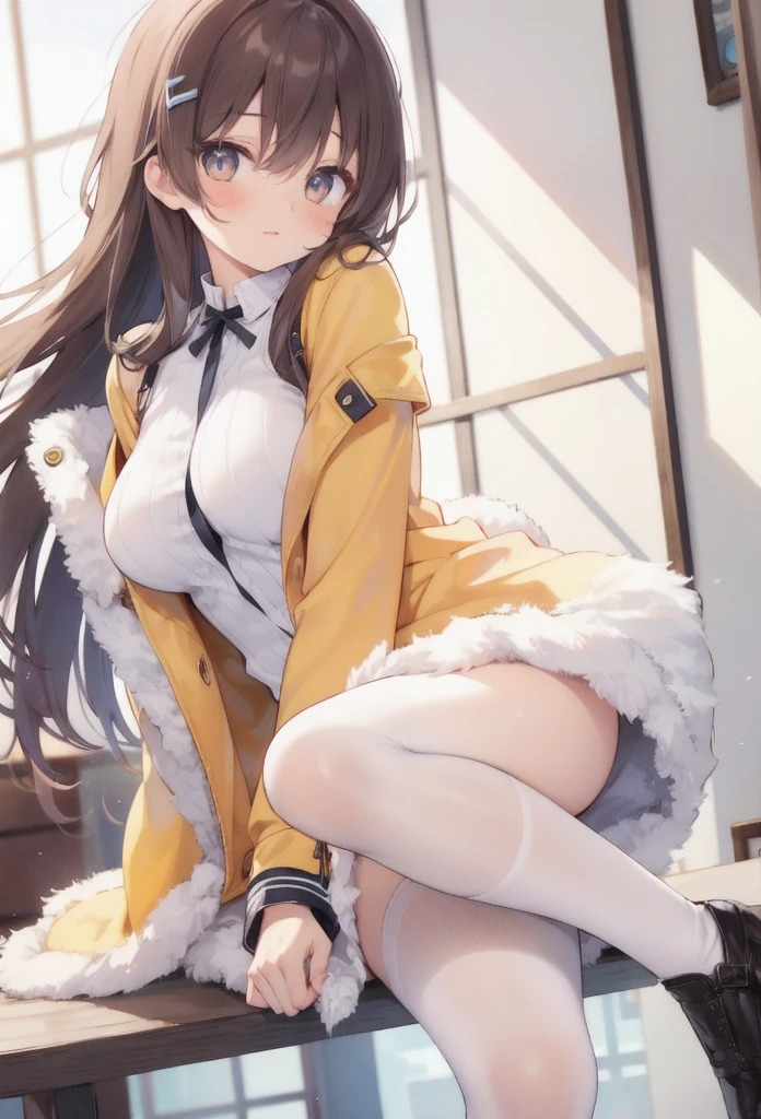 1.5),(girl),(Dynamic pose),Brown Hair,(Vermilion eyes),(first round),Big Breasts,White dress,Yellow coat,Korone