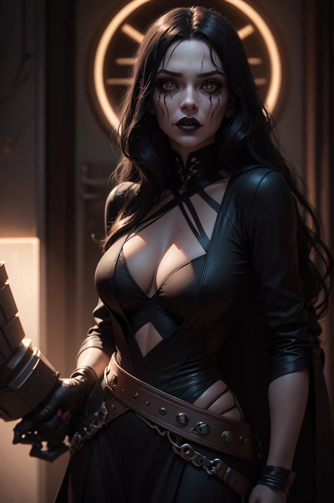 a beautiful young woman with long black hair, black dress, dark fantasy character, evil character, heavy black makeup, black lipstick, black veins, slitted pupils, masterfully detailed face, cinematic lighting, highly detailed, hyper realistic, octane render, muted color palette, dramatic chiaroscuro lighting